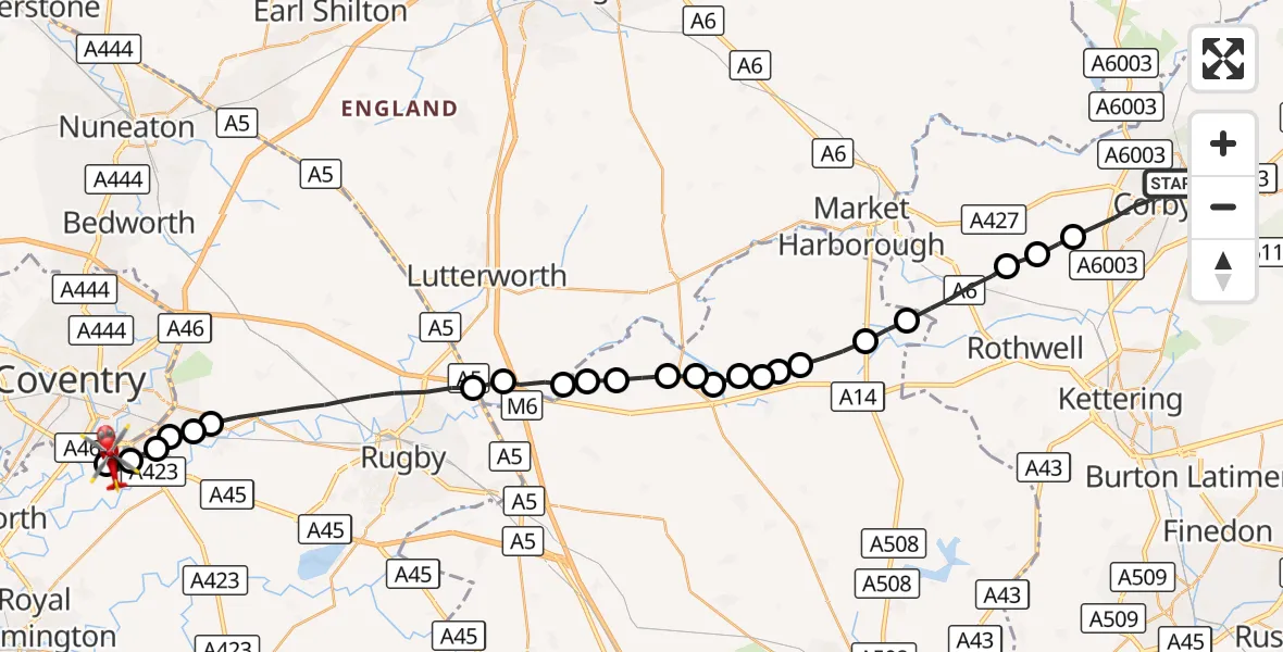 Flight route Air Ambulance Helicopter Corby - Coventry Airport, 27 August 2026, 15:25