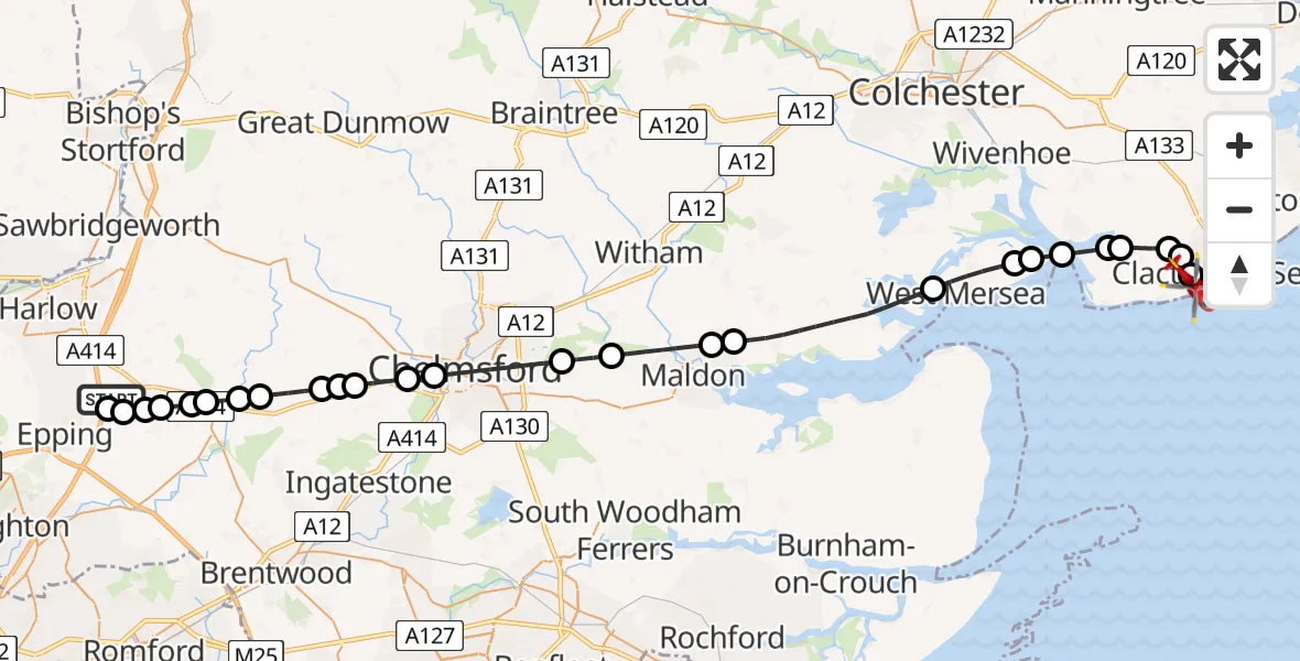 Flight route Air Ambulance Helicopter North Weald Airfield - Clacton Airfield, 27 August 2026, 15:27