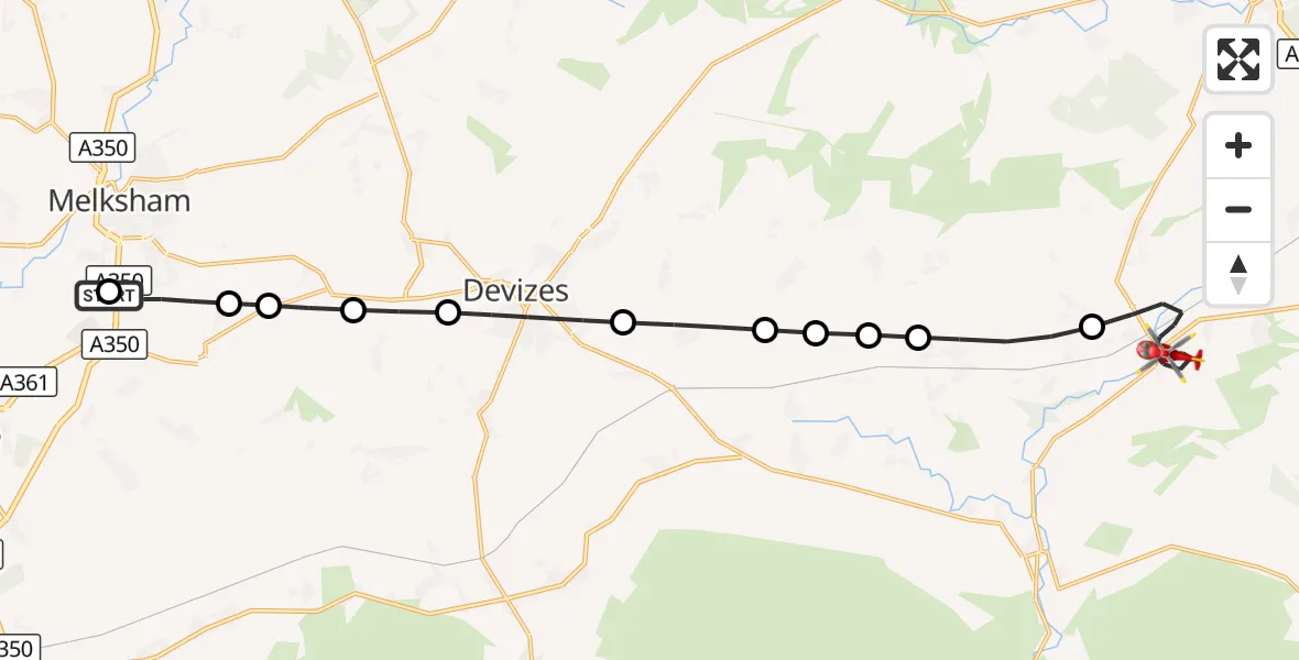 Flight route Air Ambulance Helicopter Wiltshire Air Ambulance - Pewsey, 27 August 2026, 15:27