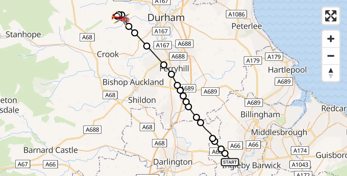 Flight route Air Ambulance Helicopter Egglescliffe - Esh Winning, 27 August 2026, 15:31