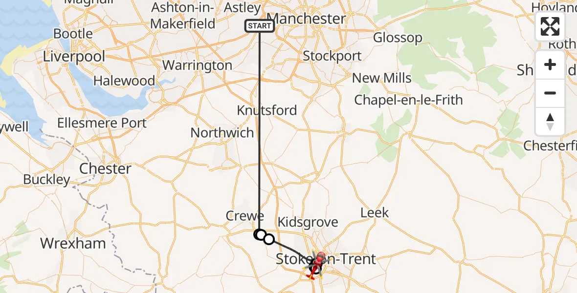 Flight route Air Ambulance Helicopter Manchester Barton Aerodrome - Stoke, 27 August 2026, 16:04