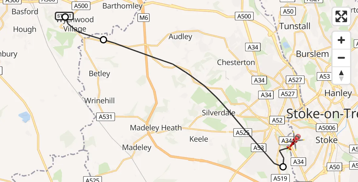 Flight route Air Ambulance Helicopter Weston - University Hospital North Staffs, 27 August 2026, 16:08
