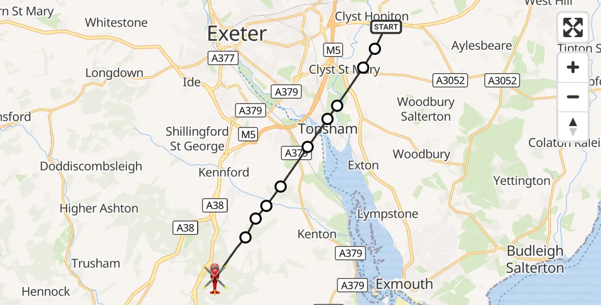Flight route Air Ambulance Helicopter Exeter International Airport - Teignbridge, 27 August 2026, 16:13