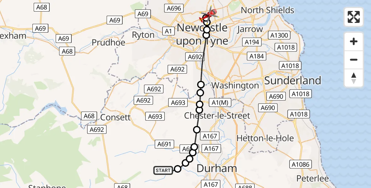Flight route Air Ambulance Helicopter Esh Winning - Jesmond, 27 August 2026, 16:16