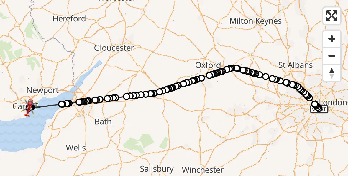 Flight route Air Ambulance Helicopter Kings College London Hospital - Cardiff Heliport, 27 August 2026, 16:26