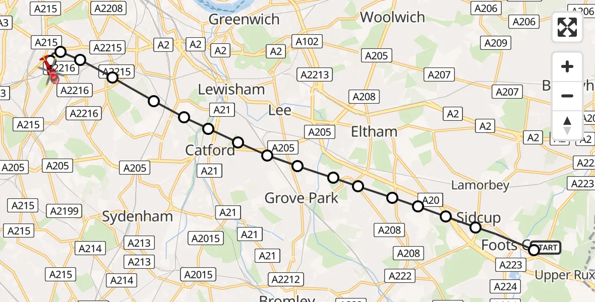 Flight route Air Ambulance Helicopter North Cray - Kings College London Hospital, 27 August 2026, 16:34