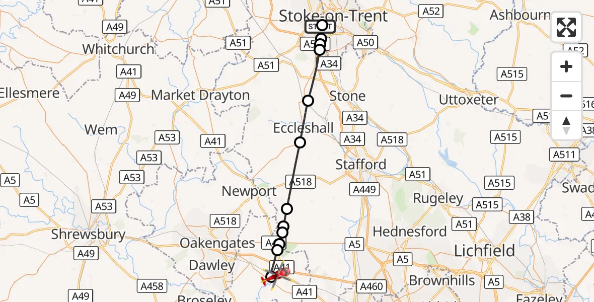 Flight route Air Ambulance Helicopter University Hospital North Staffs - Shifnal, 27 August 2026, 16:39
