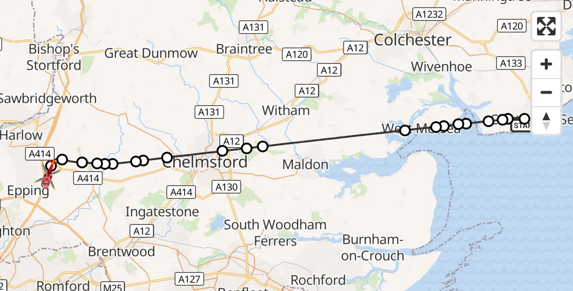 Flight route Air Ambulance Helicopter Clacton Airfield - North Weald Airfield, 27 August 2026, 16:47