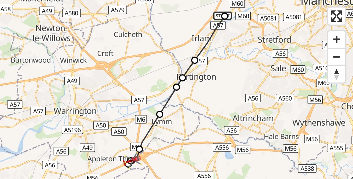 Flight route Air Ambulance Helicopter Manchester Barton Aerodrome - High Legh, 27 August 2026, 16:49