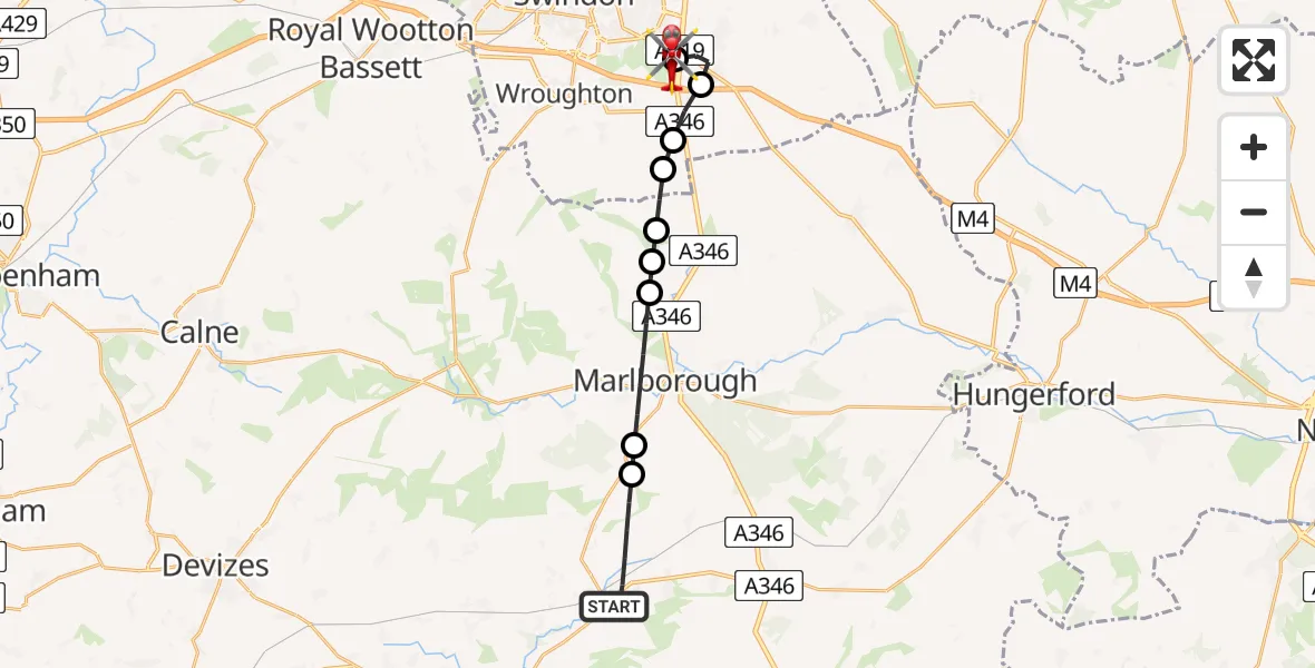 Flight route Air Ambulance Helicopter Pewsey - Great Western Hospital, 27 August 2026, 16:52