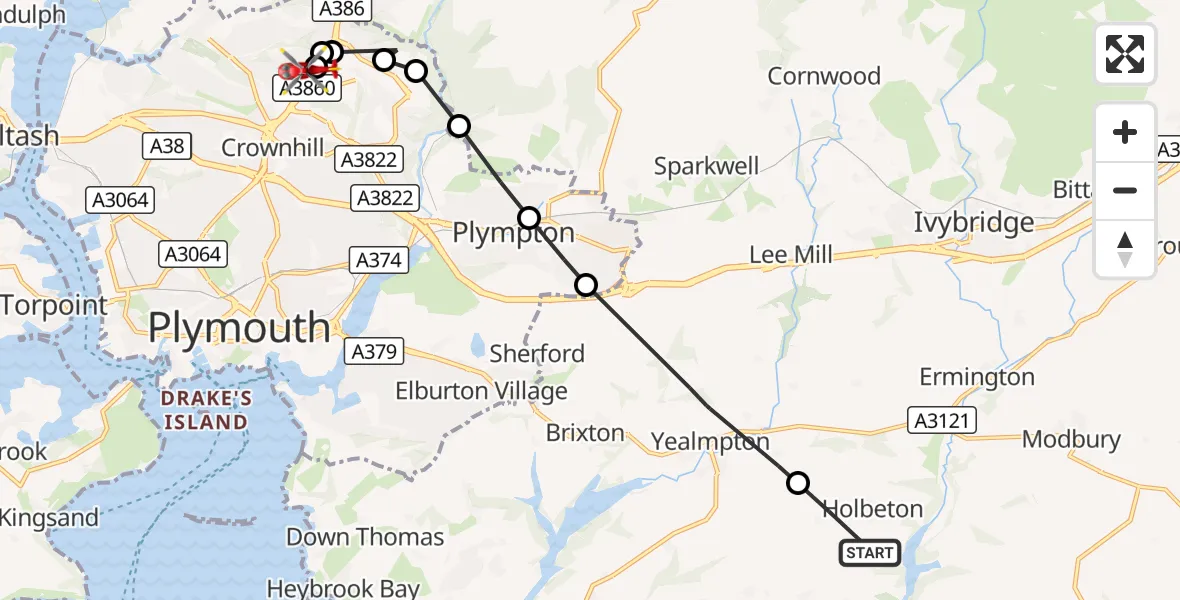 Flight route Air Ambulance Helicopter Holbeton - Crownhill, 27 August 2026, 16:55
