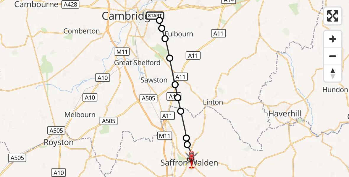 Flight route Air Ambulance Helicopter Cambridge City Airport - Saffron Walden, 27 August 2026, 16:57