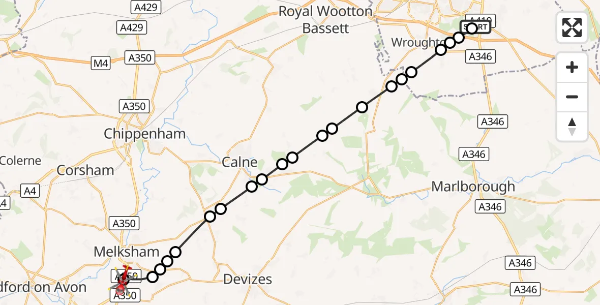 Flight route Air Ambulance Helicopter Great Western Hospital - Wiltshire Air Ambulance, 27 August 2026, 17:11