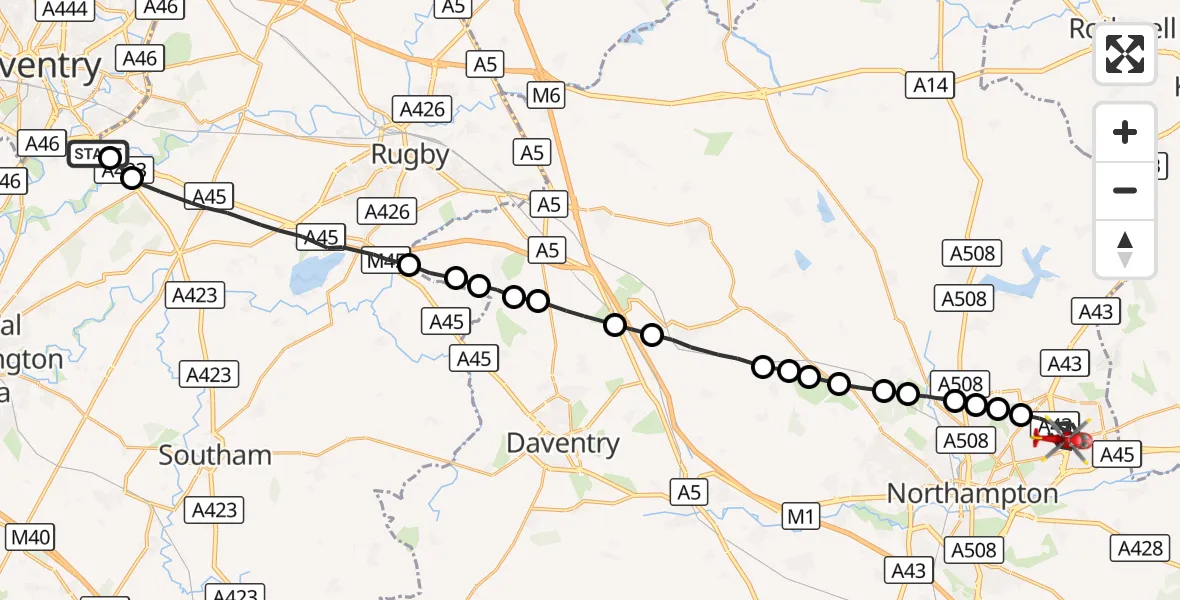 Flight route Air Ambulance Helicopter Coventry Airport - Northampton, 27 August 2026, 17:16