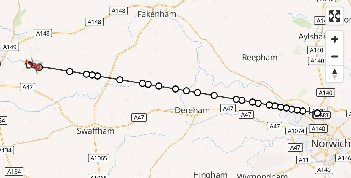 Flight route Air Ambulance Helicopter Norwich Airport - Pott Row, 27 August 2026, 17:19