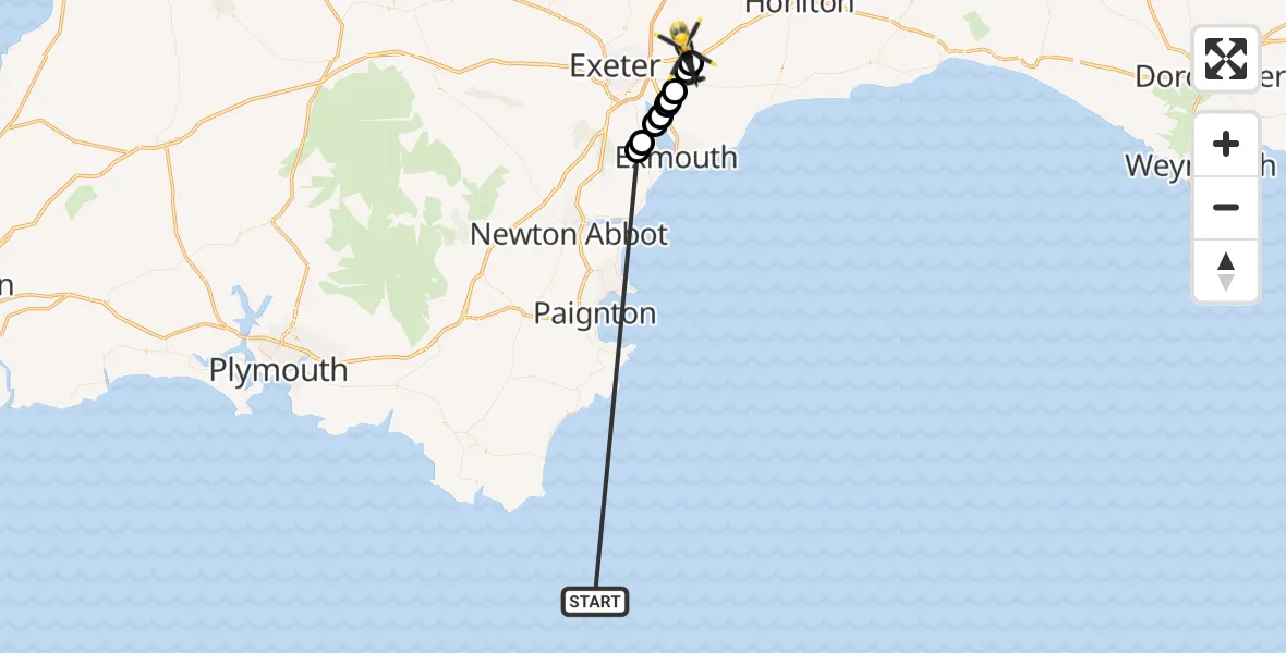 Flight route Police Helicopter English Channel - Rockbeare, 27 August 2026, 17:22