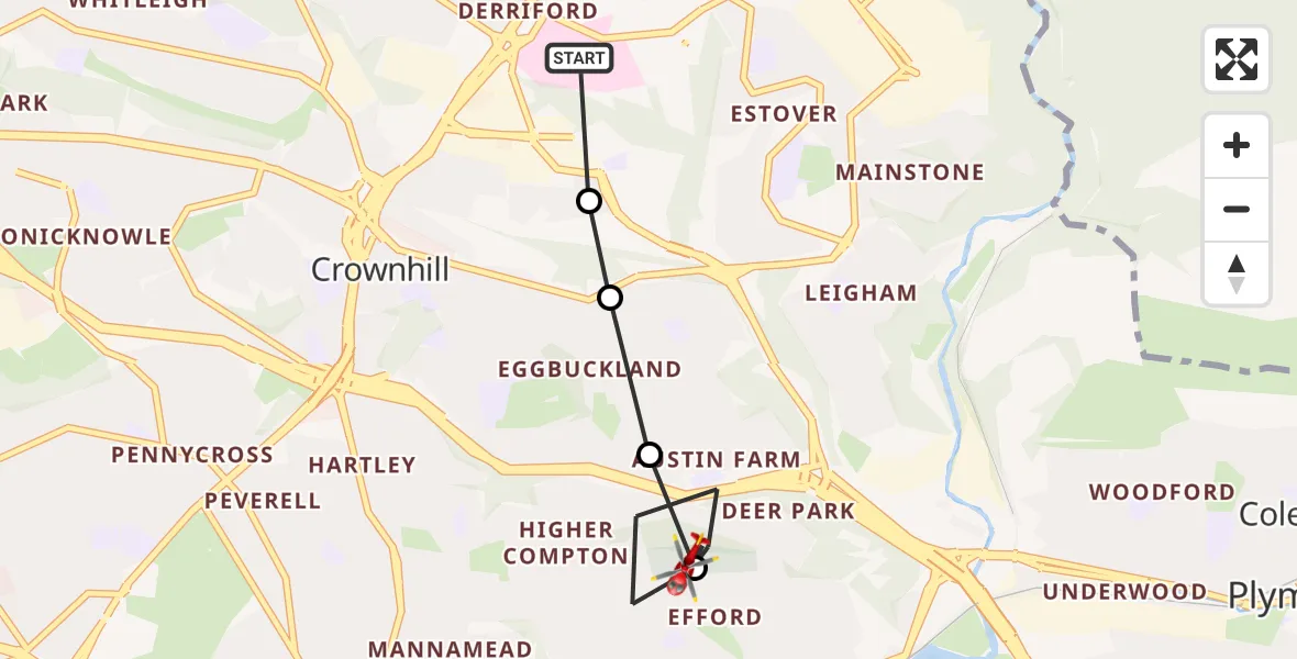 Flight route Air Ambulance Helicopter Derriford Hospital - Efford, 27 August 2026, 17:28