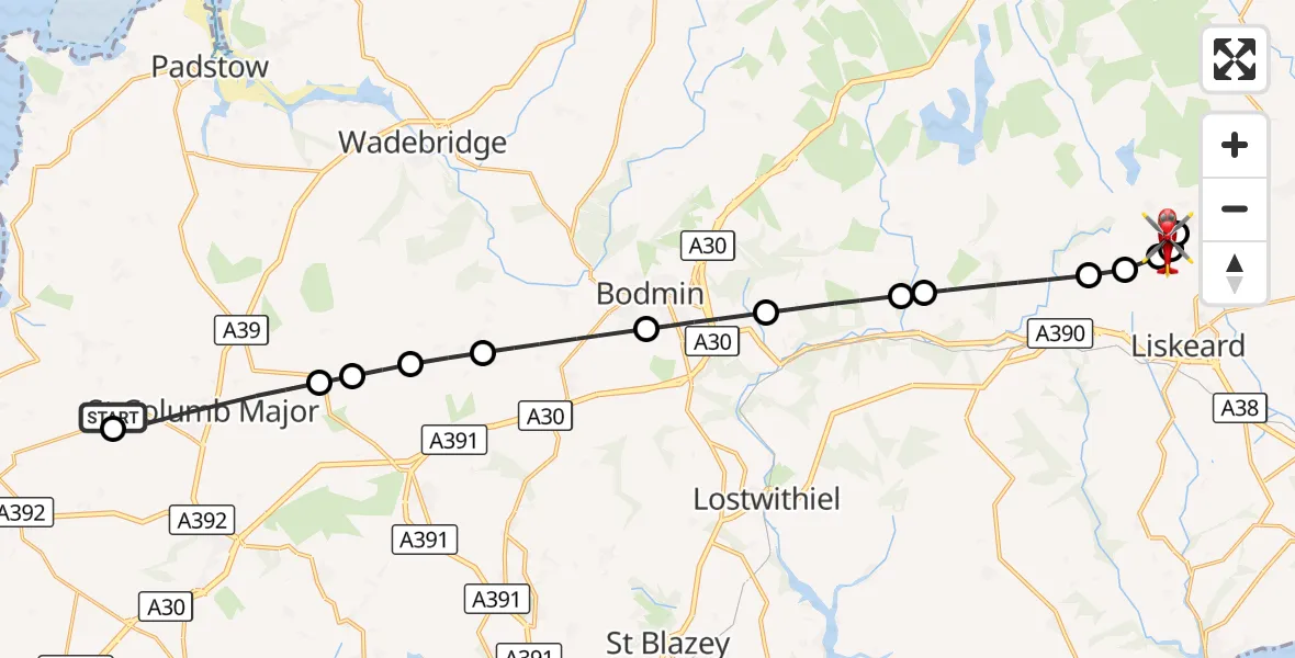 Flight route Air Ambulance Helicopter Cornwall Airport Newquay - St Cleer, 27 August 2026, 17:29