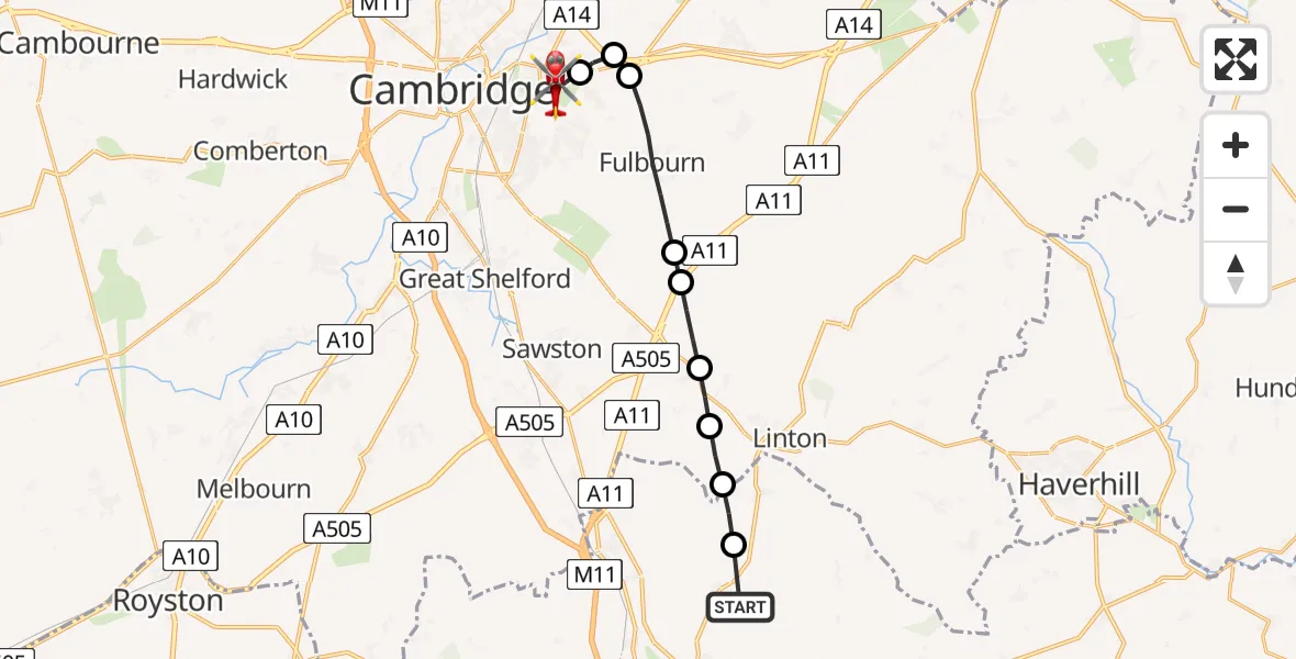 Flight route Air Ambulance Helicopter Sewards End - Cambridge City Airport, 27 August 2026, 17:43