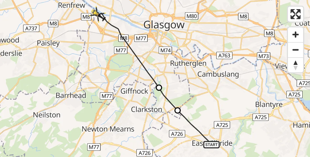 Flight route Police Helicopter East Kilbride - Glasgow, 27 August 2026, 17:49