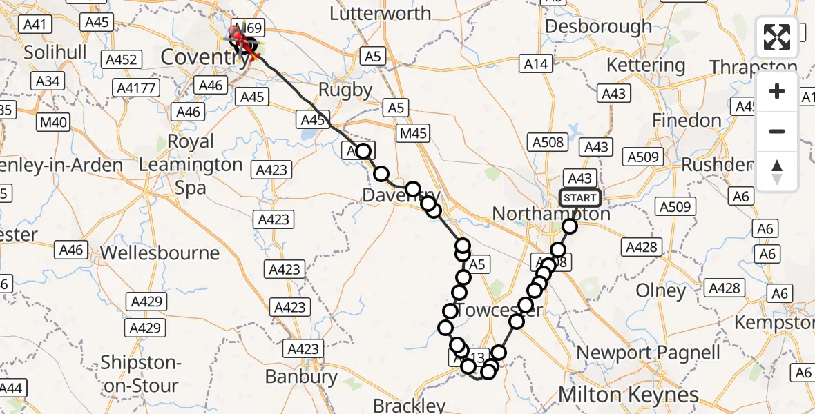Flight route Air Ambulance Helicopter Northampton - Walsgrave, 27 August 2026, 18:09