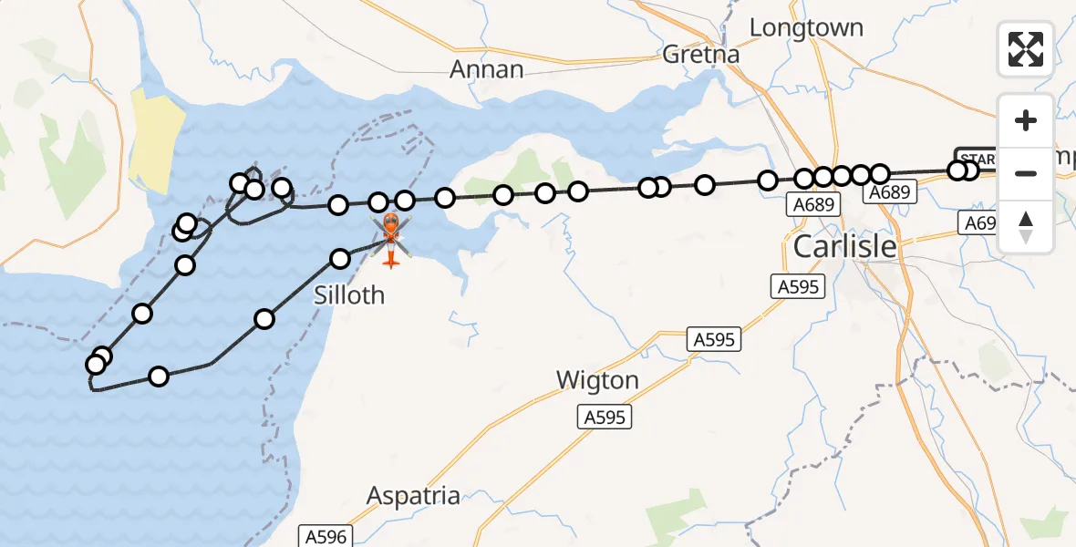 Flight route Coastguard Helicopter Carlisle Lake District Airport - Skinburness, 27 August 2026, 18:31