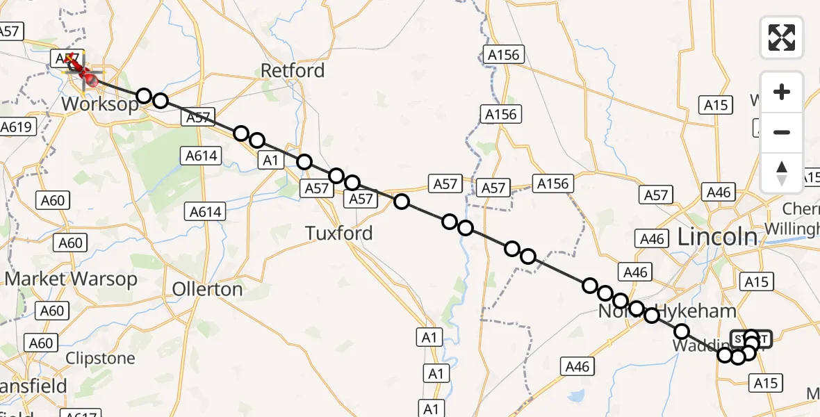 Flight route Air Ambulance Helicopter RAF Waddington - Worksop, 27 August 2026, 18:44