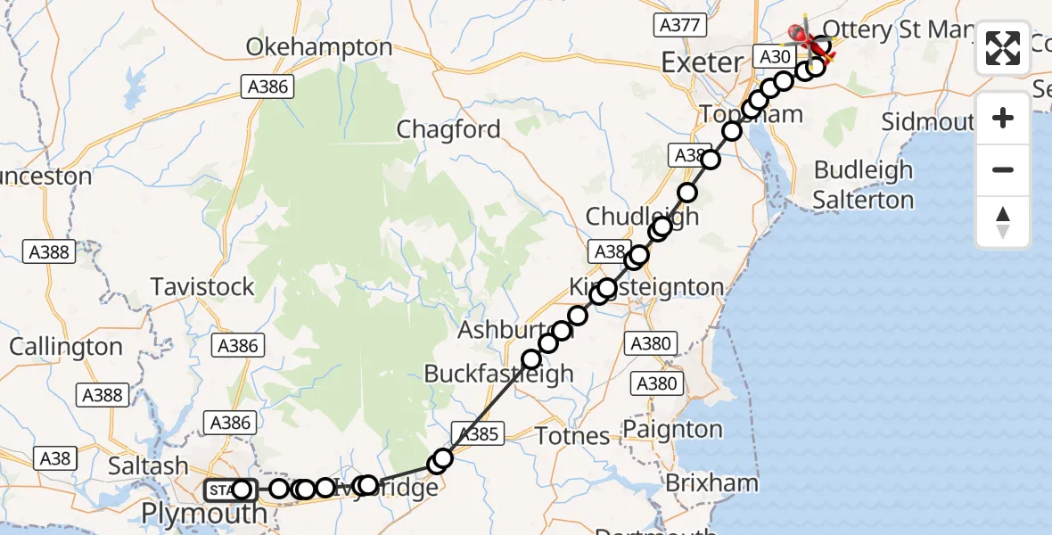 Flight route Air Ambulance Helicopter Efford - Rockbeare, 27 August 2026, 18:46