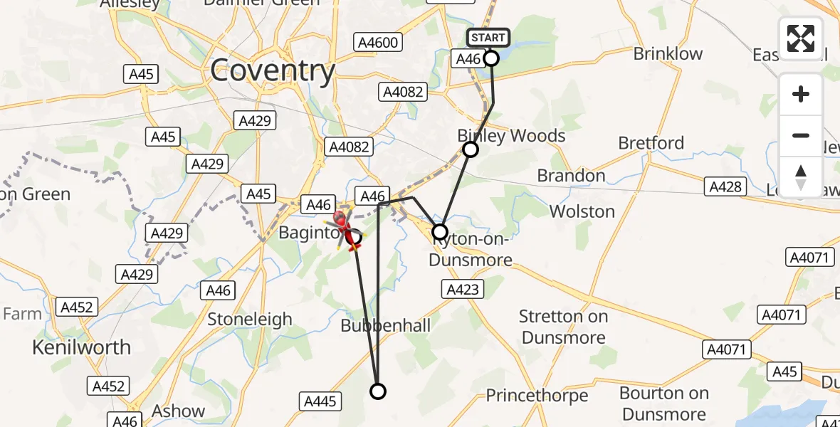 Flight route Air Ambulance Helicopter Rugby - Coventry Airport, 27 August 2026, 18:52