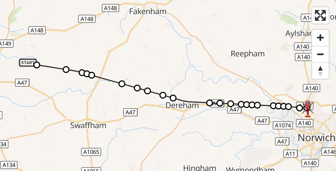 Flight route Air Ambulance Helicopter Ashwicken - Norwich Airport, 27 August 2026, 18:55