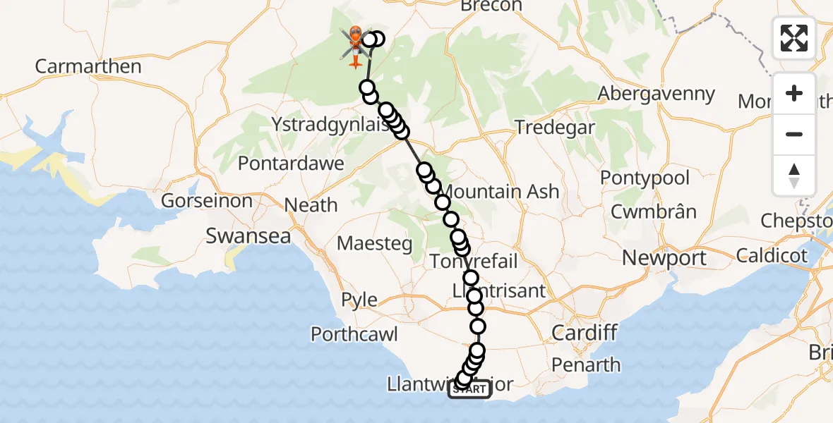 Flight route Coastguard Helicopter MOD St Athan - Llywel, 27 August 2026, 18:58