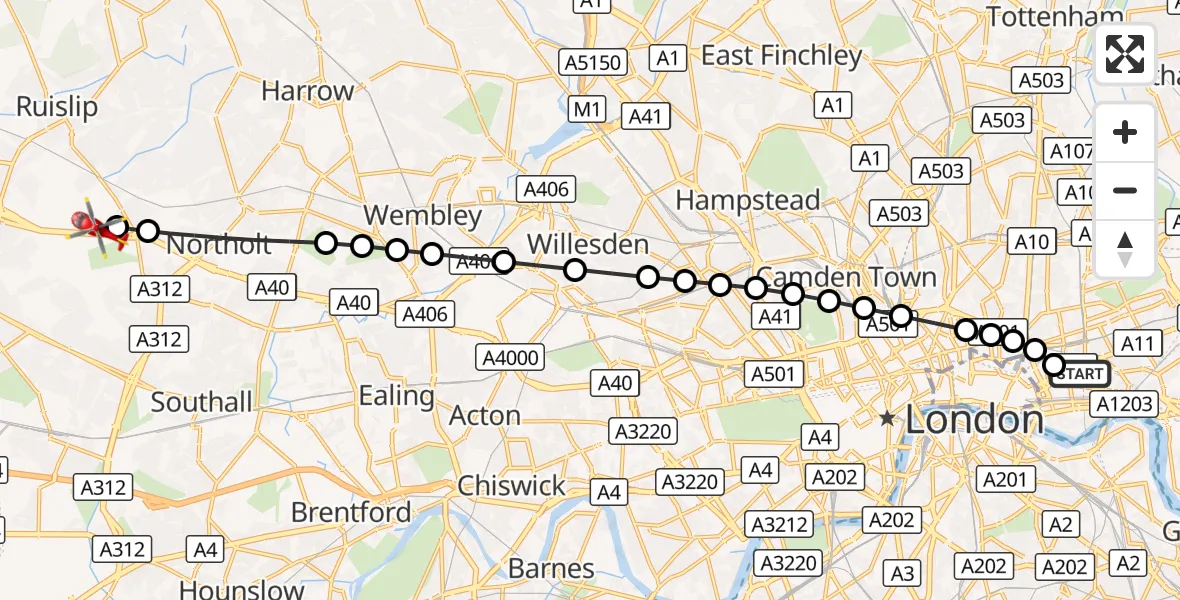 Flight route Air Ambulance Helicopter Royal London Hospital - RAF Northolt, 27 August 2026, 19:01