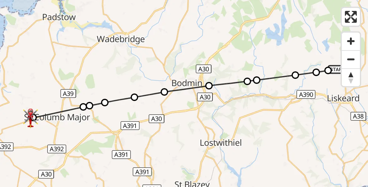 Flight route Air Ambulance Helicopter St Cleer - Cornwall Airport Newquay, 27 August 2026, 19:02