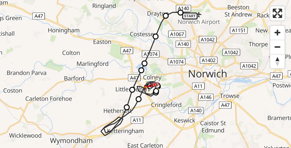 Flight route Air Ambulance Helicopter Norwich Airport - Norfolk & Norwich Hospital, 27 August 2026, 19:44