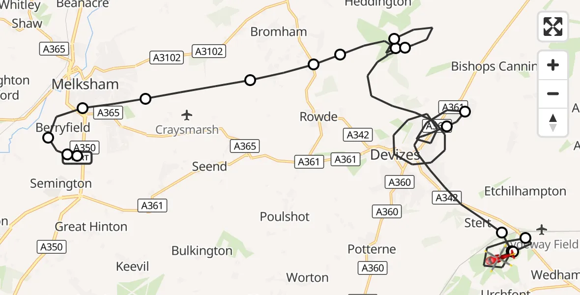 Flight route Air Ambulance Helicopter Wiltshire Air Ambulance - Urchfont, 27 August 2026, 20:01