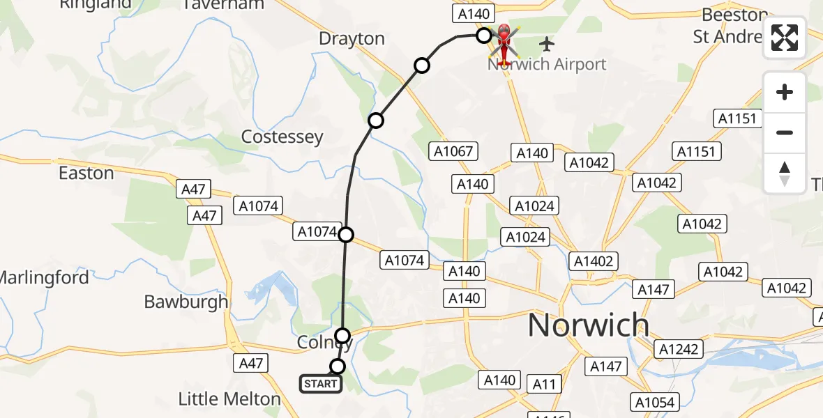 Flight route Air Ambulance Helicopter Norfolk & Norwich Hospital - Norwich Airport, 27 August 2026, 20:10