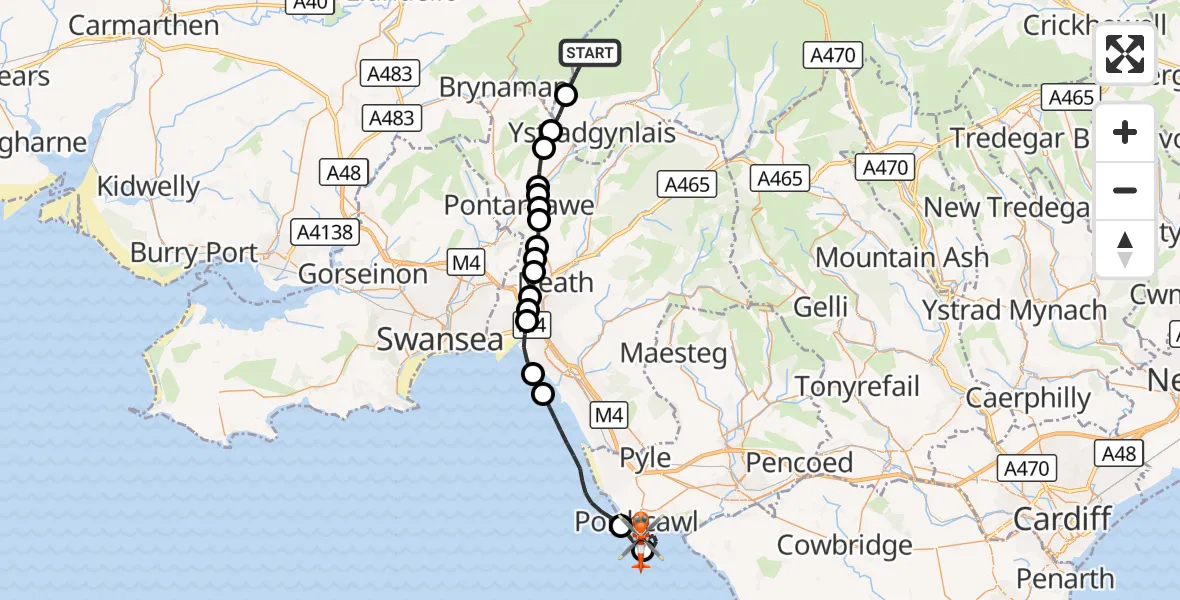 Flight route Coastguard Helicopter Ystradgynlais - Newton, 27 August 2026, 20:12