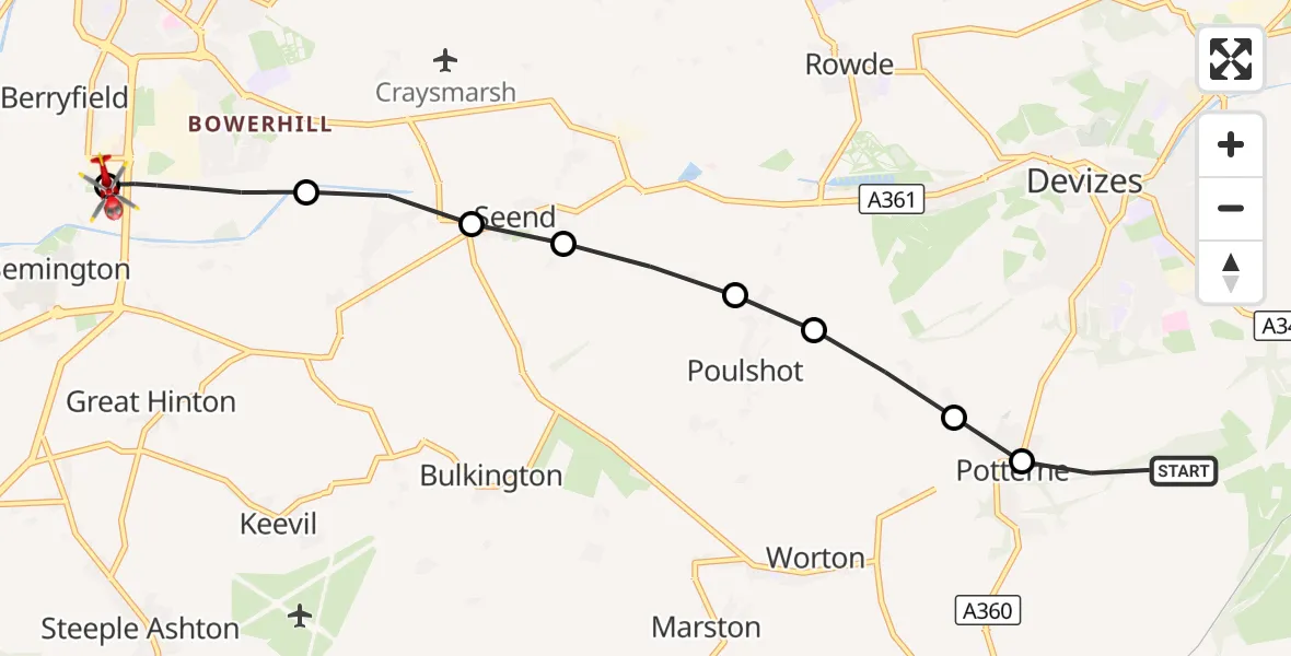 Flight route Air Ambulance Helicopter Potterne - Wiltshire Air Ambulance, 27 August 2026, 20:27