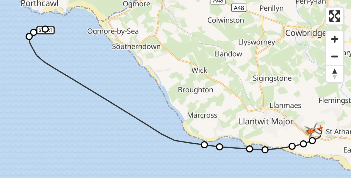 Flight route Coastguard Helicopter Porthcawl - MOD St Athan, 27 August 2026, 20:29