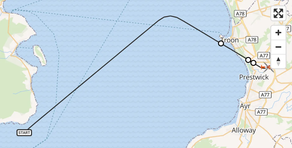 Flight route Coastguard Helicopter Inner Seas - Glasgow Prestwick Airport, 27 August 2026, 20:58