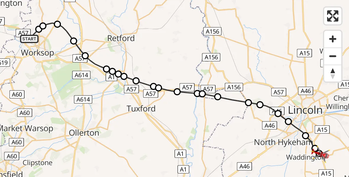 Flight route Air Ambulance Helicopter Worksop - North Kesteven, 27 August 2026, 21:03