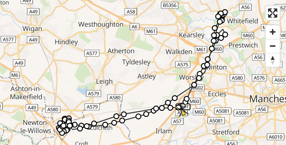 Flight route Police Helicopter Manchester Barton Aerodrome - Manchester Barton Aerodrome, 27 August 2026, 22:40