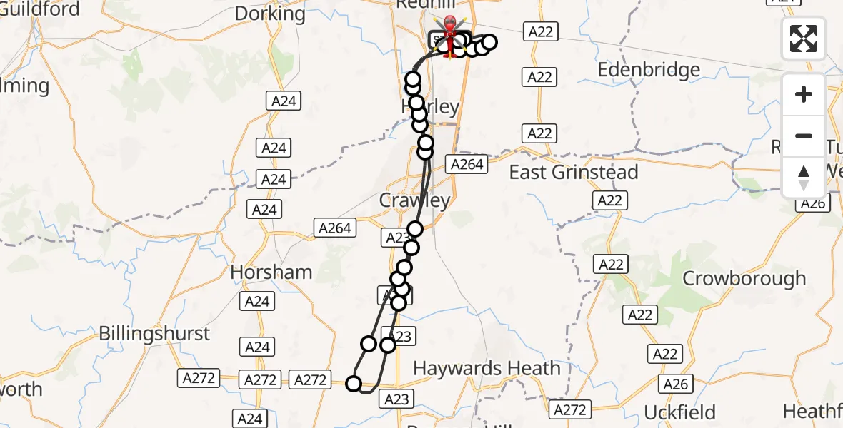 Flight route Air Ambulance Helicopter Redhill Aerodrome - Redhill Aerodrome, 28 August 2026, 00:06