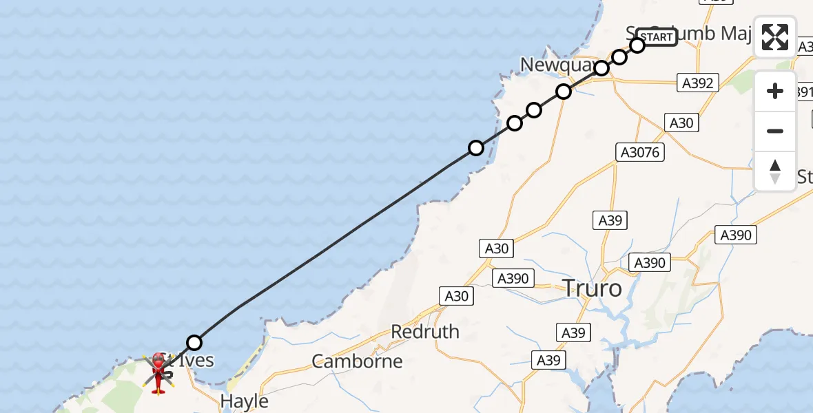 Flight route Air Ambulance Helicopter Cornwall Airport Newquay - St. Ives, 28 August 2026, 06:23