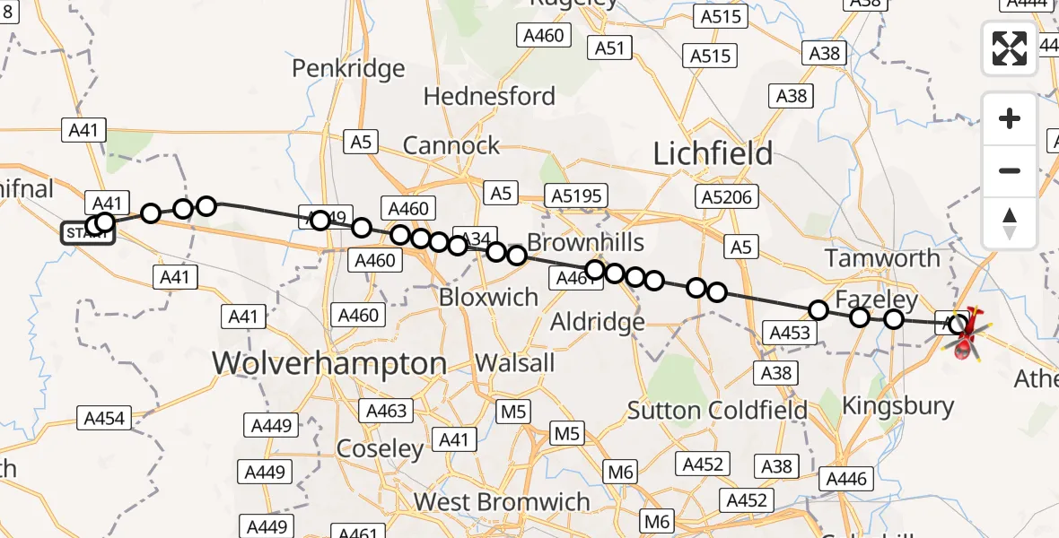 Flight route Air Ambulance Helicopter RAF Cosford - Dordon CP, 28 August 2026, 06:50