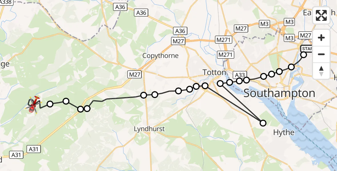 Flight route Air Ambulance Helicopter Southampton Airport - New Forest, 28 August 2026, 07:17