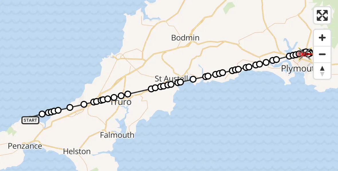 Flight route Air Ambulance Helicopter St. Ives - Derriford Hospital, 28 August 2026, 07:18