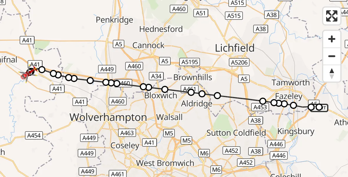 Flight route Air Ambulance Helicopter Dordon CP - Shifnal, 28 August 2026, 07:40