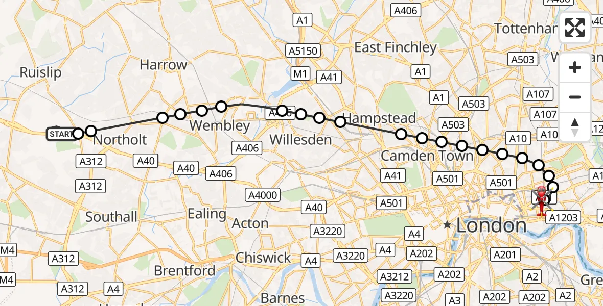 Flight route Air Ambulance Helicopter RAF Northolt - Royal London Hospital, 28 August 2026, 07:51