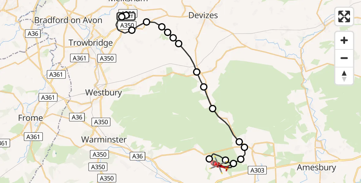 Flight route Air Ambulance Helicopter Wiltshire Air Ambulance - Shrewton, 28 August 2026, 08:05